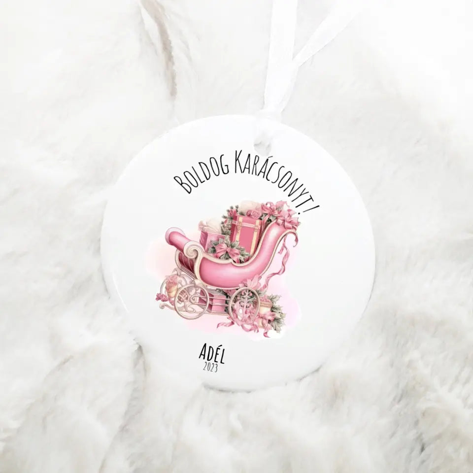 Kerámia karácsonyfa dísz - Rózsaszínű szán