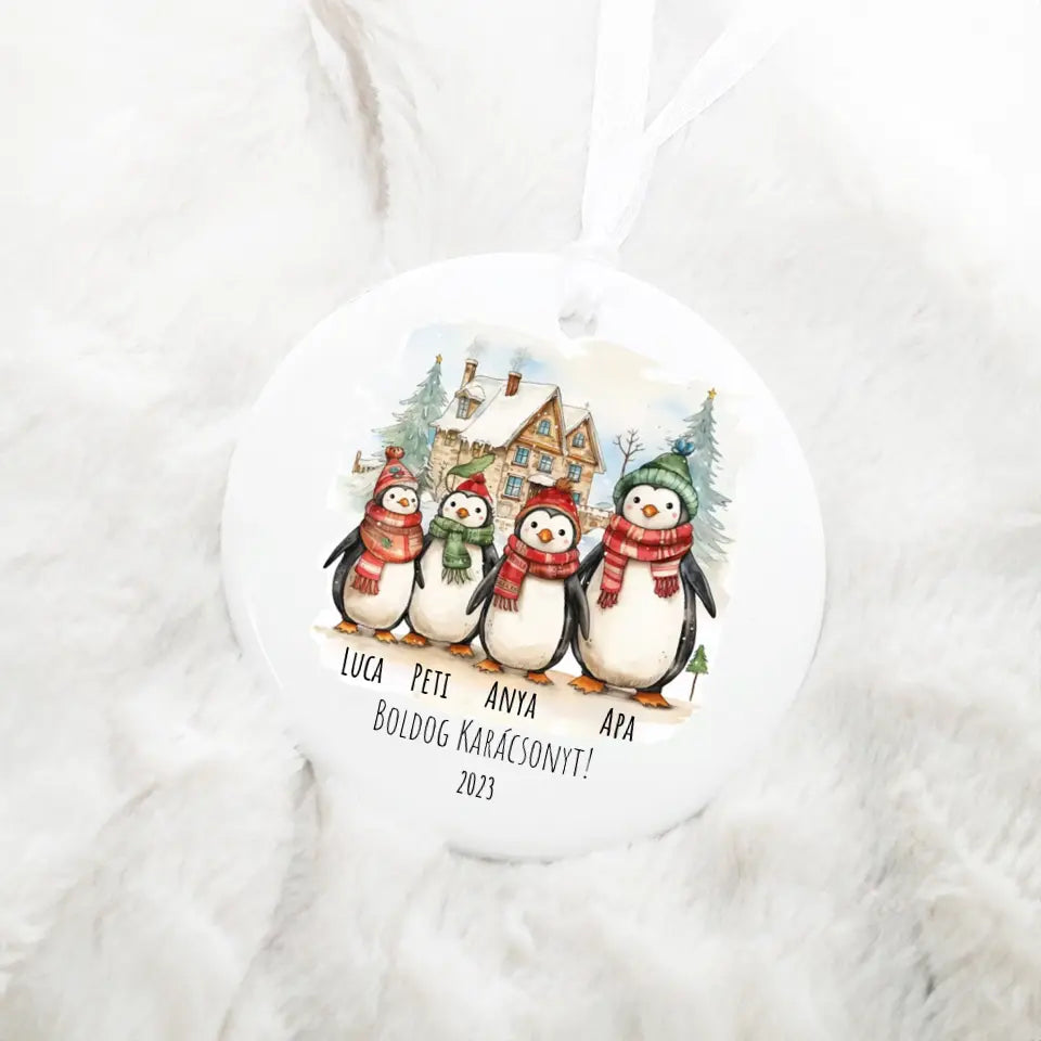 Kerámia karácsonyfa dísz - Pingvin család