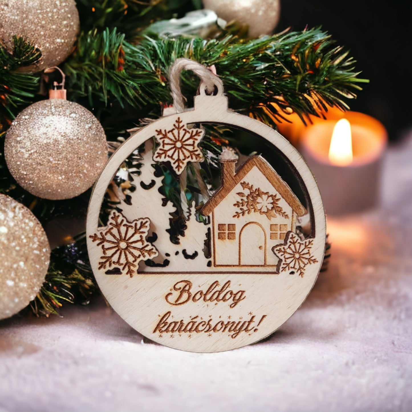 Fából készült karácsonyi dísz, Kisházzal
