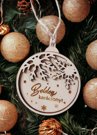 Fából készült karácsonyi dísz, "Boldog karácsonyt!" felirattal