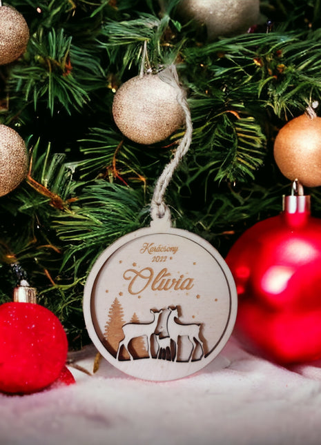 Fából készült karácsonyi dísz, őzike család