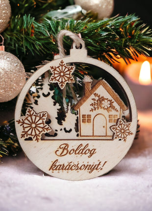 Fából készült karácsonyi dísz, Kisházzal