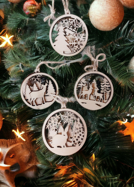 4db-os fából készült karácsonyi dísz szet, Téli erdő lakóival